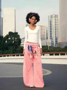 USA Flag Jesus Loves You Baggy Wide Leg Pants Christian Unisex Casual Elastic Waist FDR Lantern Trouser Sweatpants Everyday Comfortable Nautical Rope Drawstring Unisex Fit Christian Gift Pink Womenswear