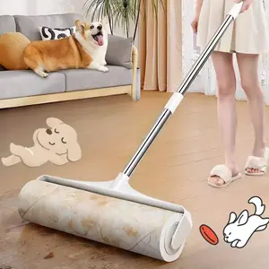 Large Floor Lint Roller 4-Pack(3 rolls of lint paper + 1 long-handled lint remover, retractable lint brush for clothes, household floor cleaning tool, suitable for cat hair, pet hair removal, dust removal roller for sofas and carpets, cleaning tool)