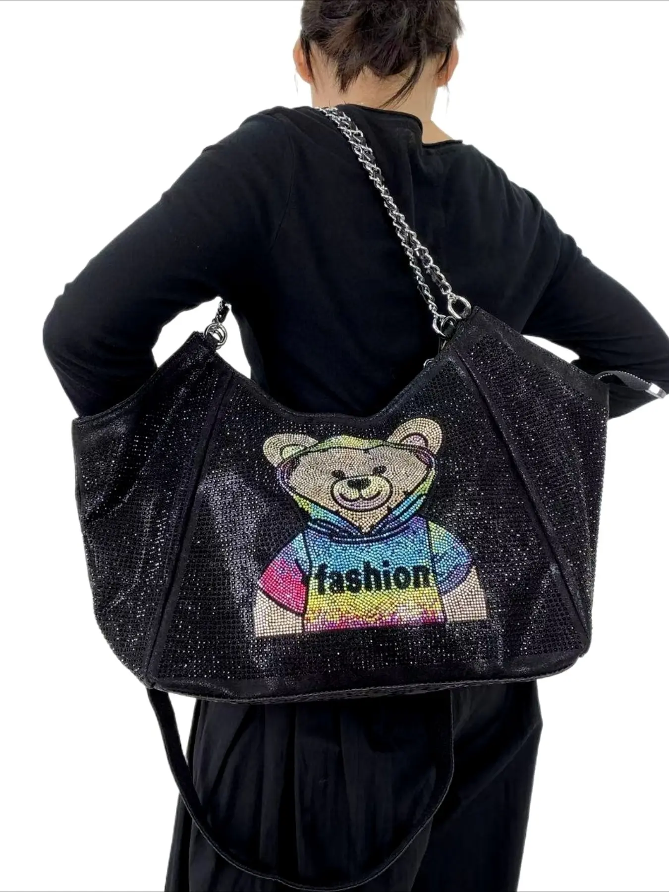Ladies' fashionable and gorgeous diamond studded shoulder bag with elegant bear pattern, suitable for banquets and commuting as a crossbody bag, Casual Commuter Bag