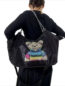 Ladies' fashionable and gorgeous diamond studded shoulder bag with elegant bear pattern, suitable for banquets and commuting as a crossbody bag, Casual Commuter Bag