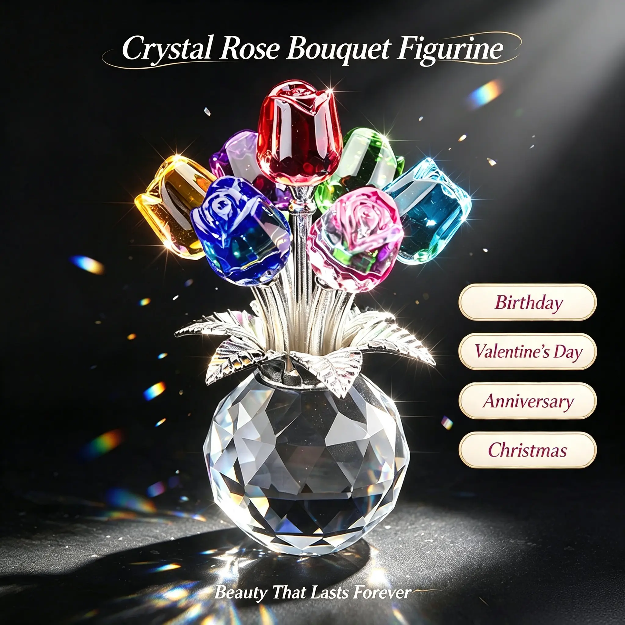 Crystal Rose Bouquet Figurine - Glass Artificial Flower Statue for Desk & Bookshelf - Decorative Ornament for Bedroom, Living Room & Home Decor - Birthday, Valentine's Day, Wedding Anniversary & Christmas Gift Idea for Her, Women, Mom, Wife & Girlfriend
