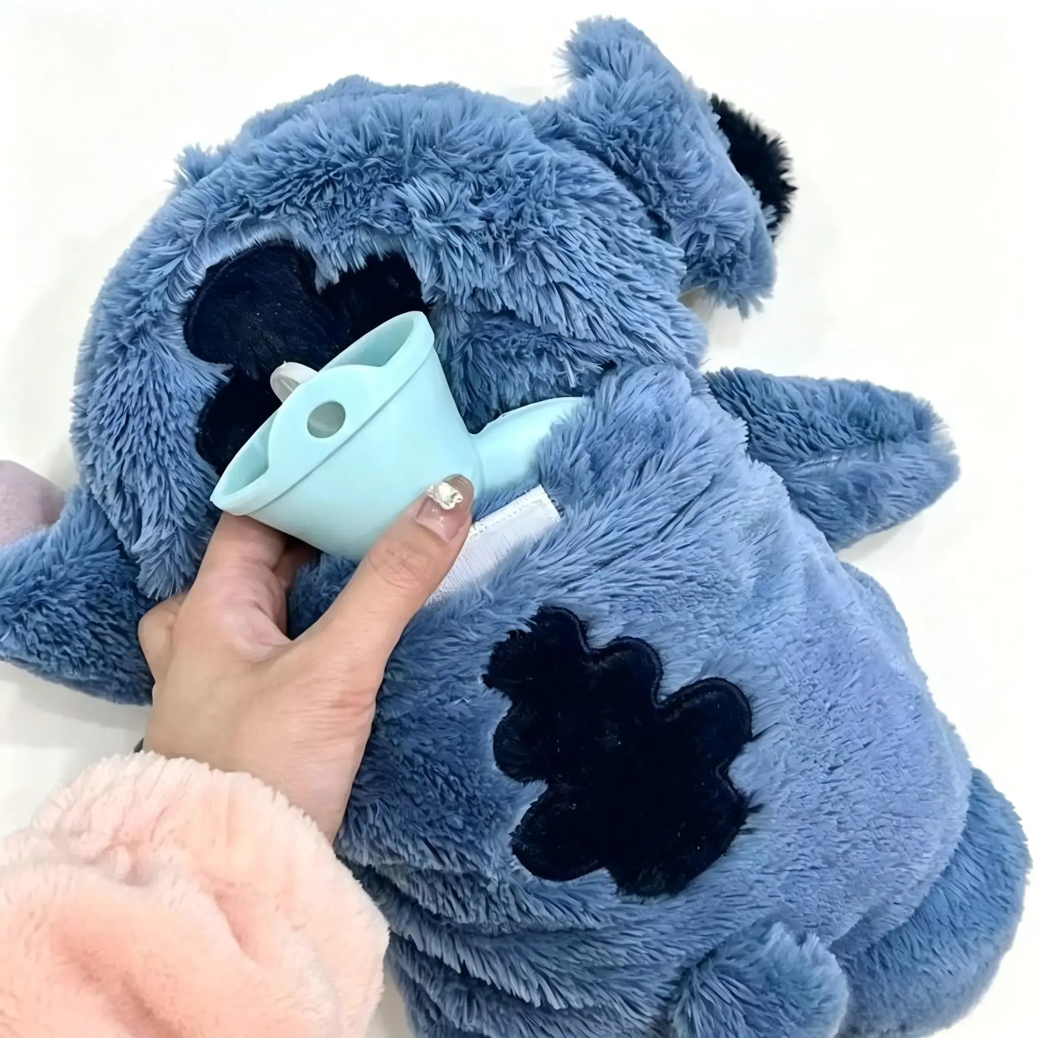 Cute Blue Plush Cover Hot Water Bottle Hand Warmer, Cotton Water-Filled Style, Warm Cold Weather Gift for Girls