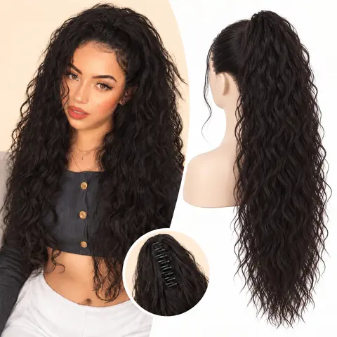 【Hot】BOO HAIR Women's Thick Density Synthetic Claw Clip Ponytail Extension - 30-in Soft Curl Waves, Black Brown, Adjustable Strap, Clip & Go Drawstring, Premium Silky Fibers, Casual & Party Hairstyles, Easy Application, Drawstring Ponytail Extension