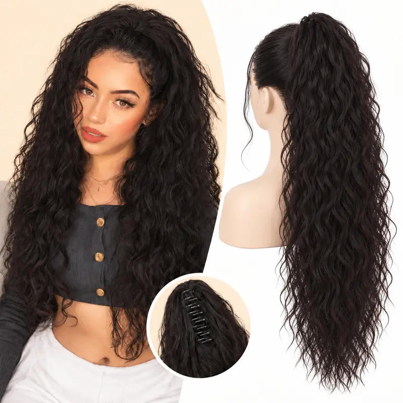 【Hot】BOO HAIR Women's Thick Density Synthetic Claw Clip Ponytail Extension - 30-in Soft Curl Waves, Black Brown, Adjustable Strap, Clip & Go Drawstring, Premium Silky Fibers, Casual & Party Hairstyles, Easy Application, Drawstring Ponytail Extension