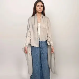 Women Solid Color Acrylic Shawl - Grey & Cream - Luxurious, Soft, and Stylish - 53"L x 47"W