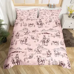 Wild West Cowboy Luxury Full Queen Size Western Decor Duvet Cover,BedRodeo Cowboy Style Quilt Cover,Pink Bedspread Cover,No Comforter