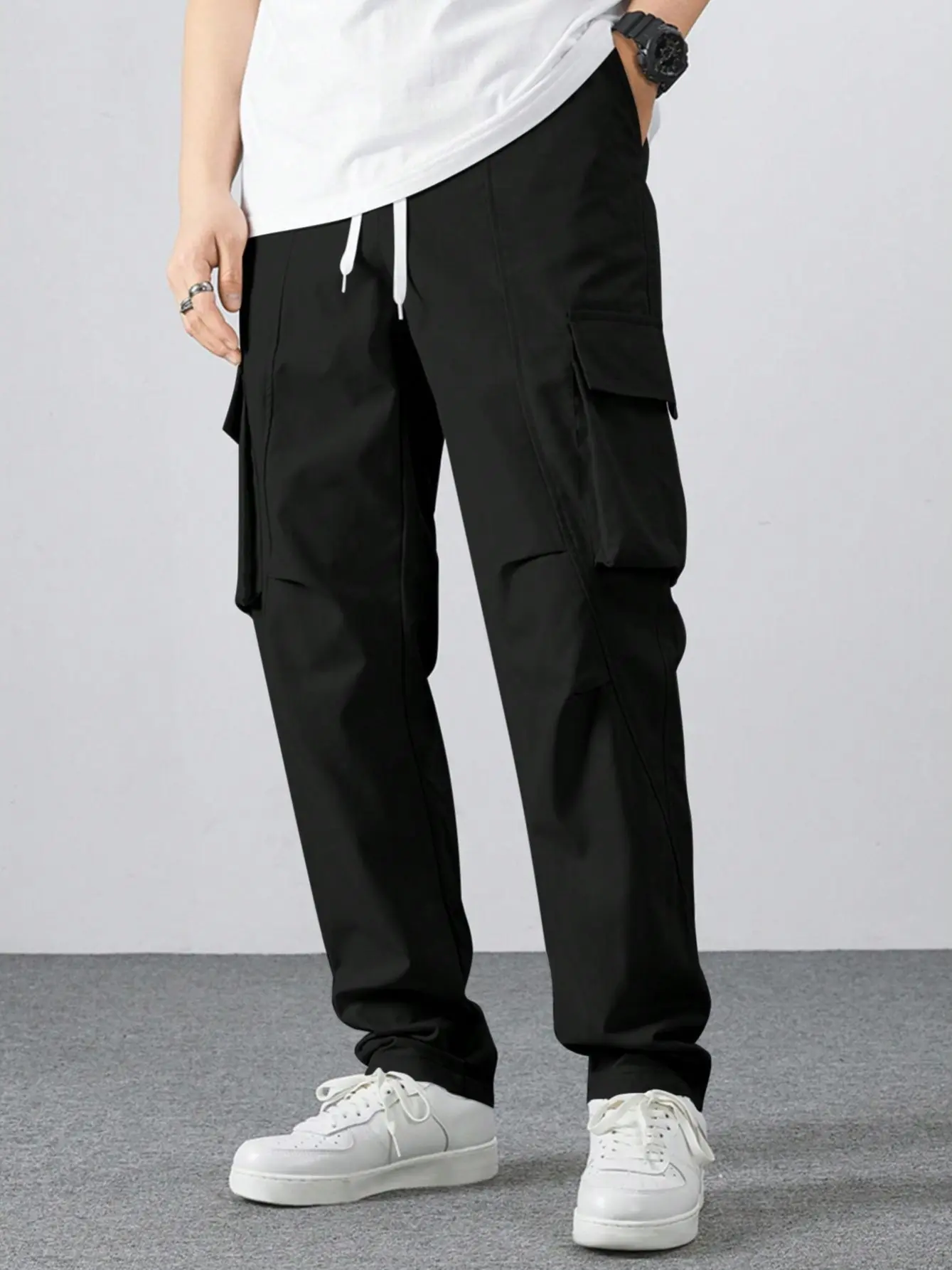 Men's Black Cargo Pants - Casual Streetwear Style Straight-Leg Bottoms with Multiple Functional Pockets, Menswear, Men's Pants