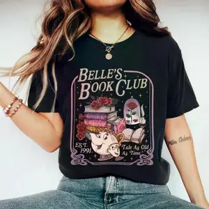 Belle's Book Club Vintage Graphic Tee Tale As Old As Time Belle Princess Book Cafe Retro Washed Cotton Unisex Oversized Crewneck Short Sleeve Streetwear Casual Fashion Top Ideal Gift For Book Lovers Daily Outdoor Party Holiday Everyday Wear