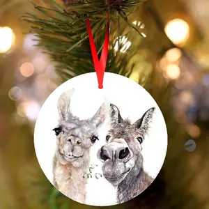 Llama and Donkey Ceramic Christmas Decoration - White Circle/Star/Heart/Oval