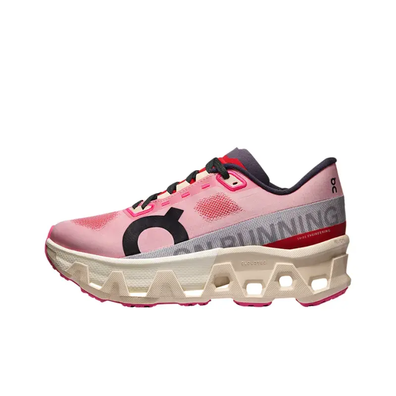 Lightweight Hollow Outdoor Running Shoes Pink Red .Off‑white Patch Upper Sawtooth Large Hole Thick Sole Breathable Quick Dry For Mountain Hiking Training