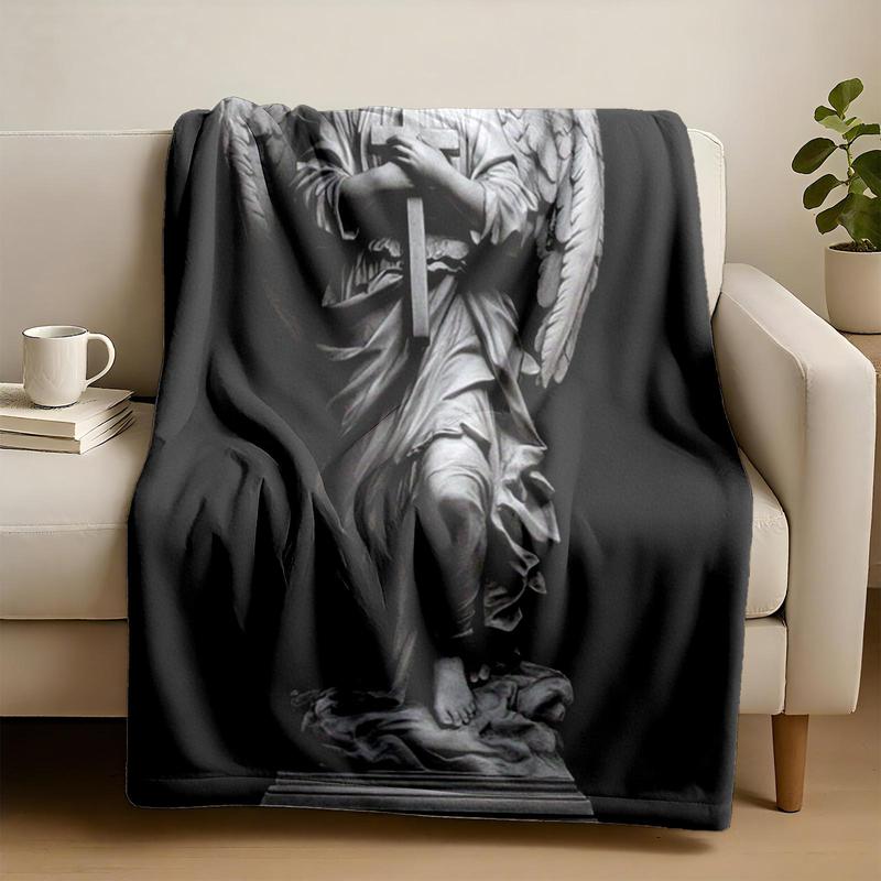 1 piece Holy angel statue holding a cross themed flannel blanket - Oversized fluffy flannel sofa blanket, suitable for beds and sofas, modern design, all-season use, digitally printed pattern, 100% polyester material, machine washable, suitable for