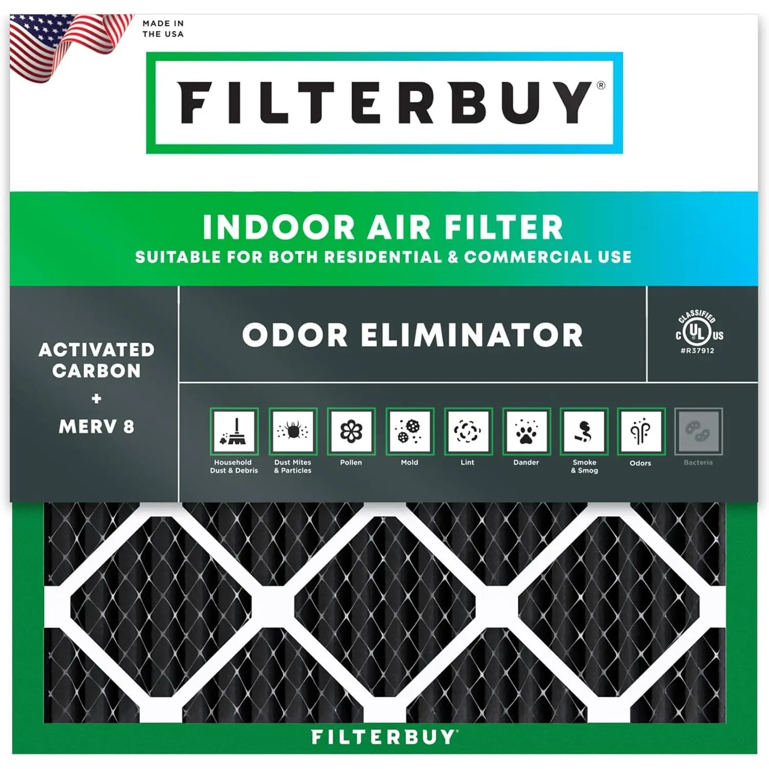 Filterbuy New 12x12x1 In Air Filter (1-Pack) - Pleated MERV 8 Odor Elimination, Electrostatically Charged HVAC AC Furnace Filter (Actual Size: 11.75x11.75x0.75 In, Recyclable Materials), Eco-Friendly