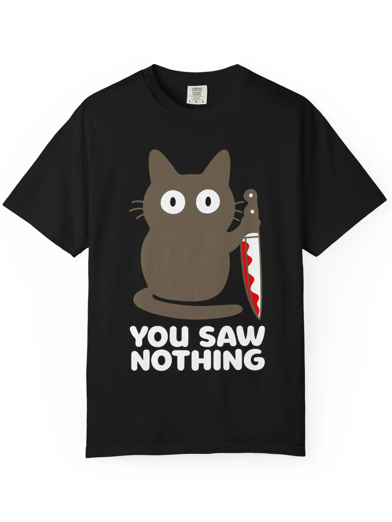 You Saw Nothing Funny Bloody Knife Black Cat Cartoon T-Shirt, Viral Dark Humor Cat Lover Meme Comfort Colors Tee, Sassy Threatening Kitty Graphic Casual Shirt For Men Women Cat Owners Halloween Novelty Gift,Men's,Grunge,belle,tshirt