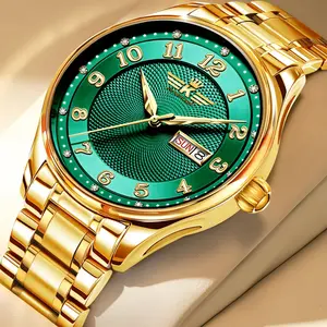 Fashionable Business Style Double Calendar Steel Band Watch for Men Luminous Quartz Movement 40mm Dial Waterproof 30M All Gold with Green Surface