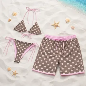 [HOT SUMMER 2026] Chocolate Pink Polka Dot Matching Couple Swimwear Set – String Bikini & Men’s Swim Shorts, Ibiza Summer Beach Vacation Outfit, Honeymoon Gift for Couples