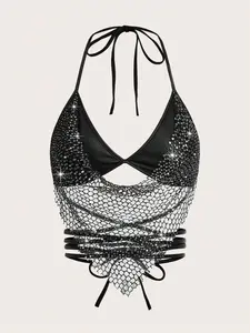 SIRENA SHEIN ICON Women Fashionable Fishnet Halter Neck Y2K Football Jersey Glitter Party Bra Top With Straps And Open Back