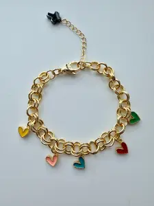 Original Rainbow Heart Pendant Adjustable Bracelet, Boho Style Alloy Chain, All Seasons Wear, No Choking Hazard Warning