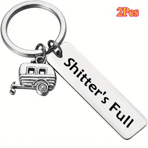 2Pcs Vintage Camper Trailer Rectangular Stainless Steel Engraved Keychains, Durable Key Rings - RV Enthusiast Gift for Travel Fans