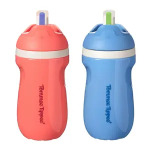 Sporty Spill-9oz Straw Training Sippy Cups for Toddlers 1-3, Sporty Carry Handle, Bite Resistant Spout, Flip Lid Keeps Straw, BPA Free, Blue and Red, Pack of 2