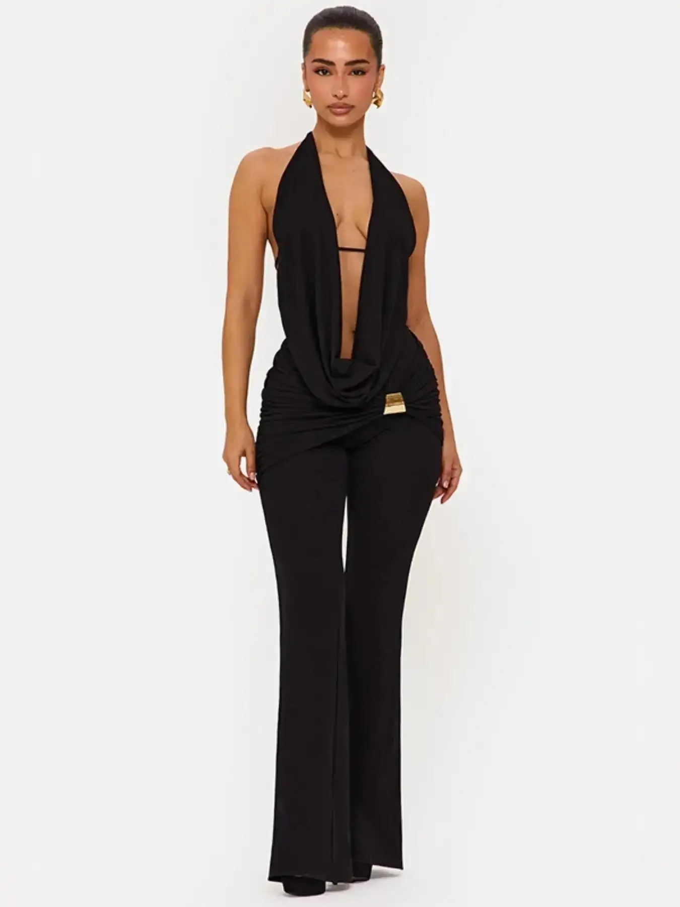 Women's Graceful Style Tie Back Low Neck Backless Halter Top & Metal Detail Flared Pants Set, Casual Comfortable Womenswear for All Seasons, effortless layering, chic everyday, refined casual