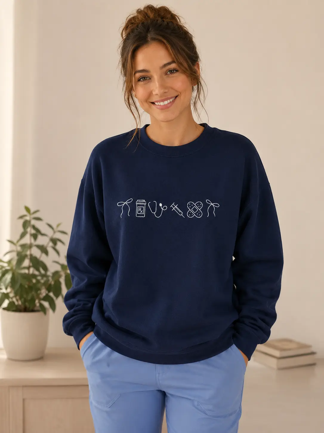 Embroidered Nurse Icon Crewneck Sweatshirt for Women, Cute Nursing Pullover, Nurse Appreciation Gift