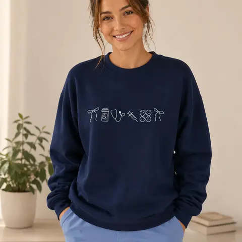 Embroidered Nurse Icon Crewneck Sweatshirt for Women, Cute Nursing Pullover, Nurse Appreciation Gift