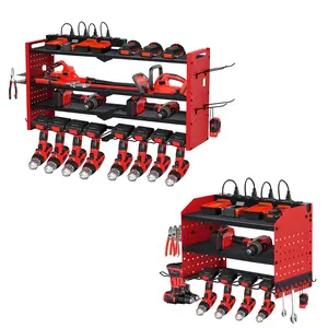 4-Layer Wall Mount Garage Organizer Rack, Heavy Duty Sturdy Tool Storage with 8 Drill Holders, Large Capacity Wall Shelf for Garage Workshop and Easy Installation, Fathers Day gift