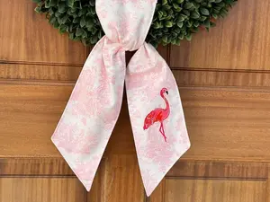 Custom flamingo pink toile wreath sash for front door, personalized chinoiserie monogram door scarf, stylish beachy wreath swag hostess gift