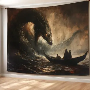 Norse Mythology Tapestry Thor Battling Jormungandr Viking Wall Hanging Epic Mythical Warrior Art Aesthetic Home Decor for Living Room Bedroom Dorm Room