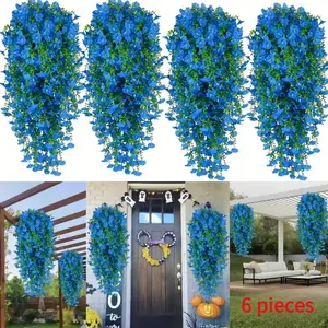 6-Piece Large Outdoor Blue Trumpet Flower Artificial Bouquets Hanging Decorations, No Power Needed, Low Maintenance Fake Plants for Home Garden Patio