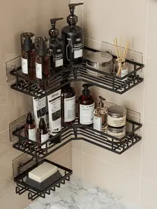 2pcs/3pcs Stainless Steel Bathroom Storage Rack Set, Corner Shower Caddy, Wall Mounted Adhesive Shower Organizer, Load Capacity Less Than 10kg, Shower Gel Shampoo Soap Holder, Suitable For Bathroom, Kitchen And Living Room Corner Storage