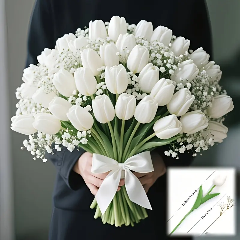 Exquisite bouquet of tulips and baby's breath, with fresh and natural colors. Suitable for bridal bouquets, table centerpieces, outdoor garden landscaping, courtyard arrangements, balcony decoration, indoor living room, and versatile for multiple scenes.