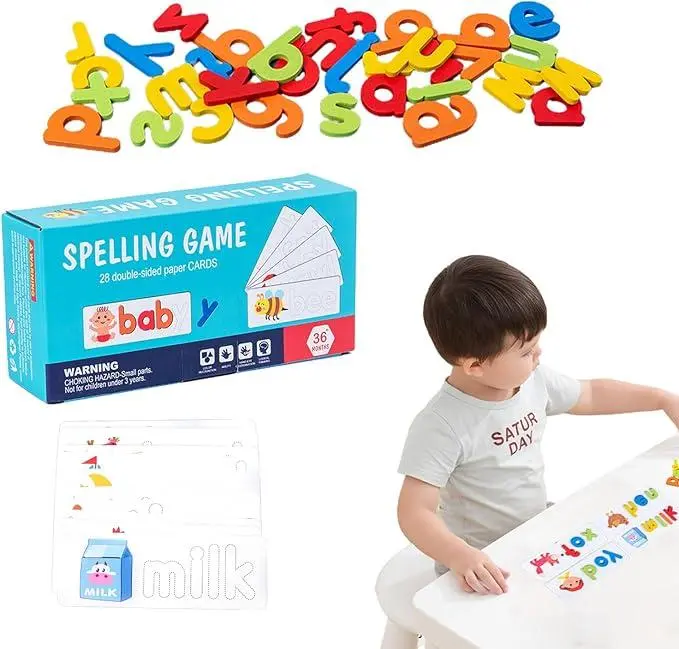 Wooden See and Spell Puzzle with Pieces - Montessori Puzzles Gift, 3-4 Years Child Learning Toy, Spelling Game, Letter Matching Tool, Color Recognition Item, Party Bag Gift for Preschoolers, Encourages Interactive Play