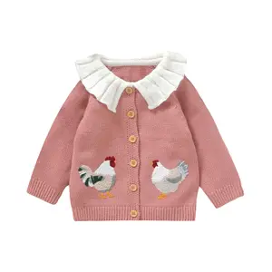 Toddler Baby Girl Sweater Cardigan Rooster Embroidery Doll Collar Long Sleeve Button Down Fall Winter Sweaters Tops