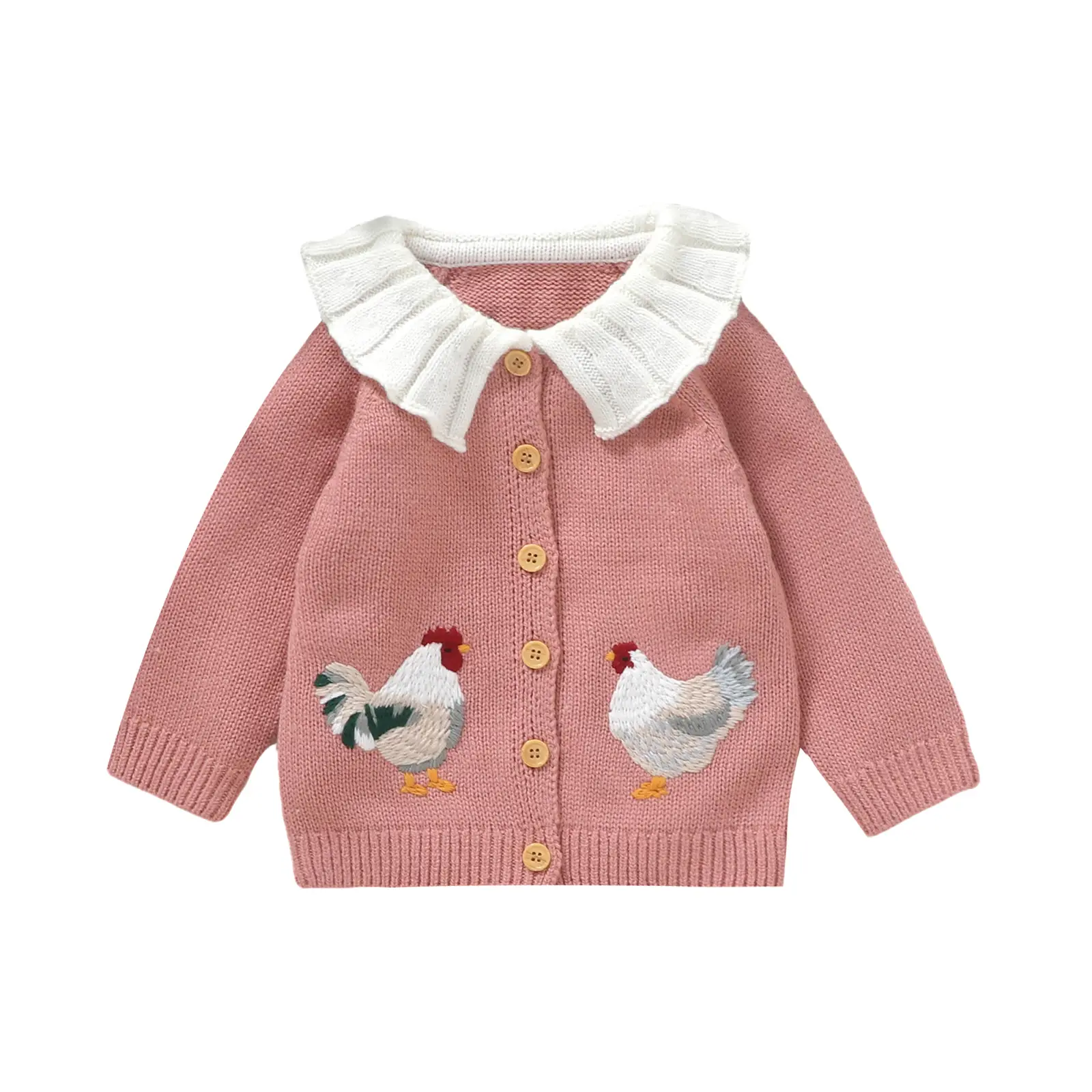Baby Girl Sweater Cardigan Rooster Embroidery Doll Collar Long Sleeve Button Down Tops Fall Winter Cute Clothes