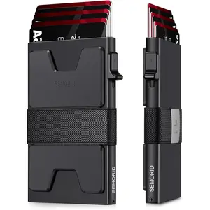 Slim Aluminum Card Holder Wallet for Men, Durable Expandable Backplate, RFID Blocking Minimalist Metal Pop Up Wallet, Holds 12+ Cards Plus Cash (Black)