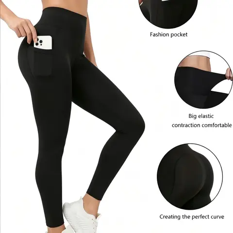 Women's Solid High-Waisted Fitness Leggings with Pockets - High Waist Compression, 4-Way Athletic Stretchable, Non-See-Through Gym Workout Bottoms Active Activewear for Yoga, Cycling