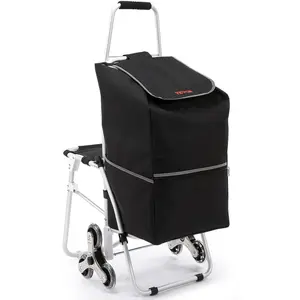 【DealsForYouDays】VEVOR Stair Climbing Cart for Adults, 220 lbs Static Load Capacity, Foldable Metal Utility Cart with 50L Waterproof Bag, Seat, Rubber Tri-Wheels & Padded Handle, Multipurpose for Shopping & Gardening