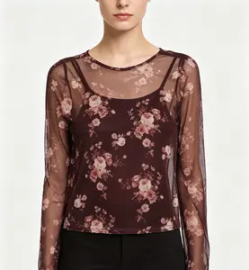 Vintage Floral Sheer Mesh Long Sleeve Top With Lining