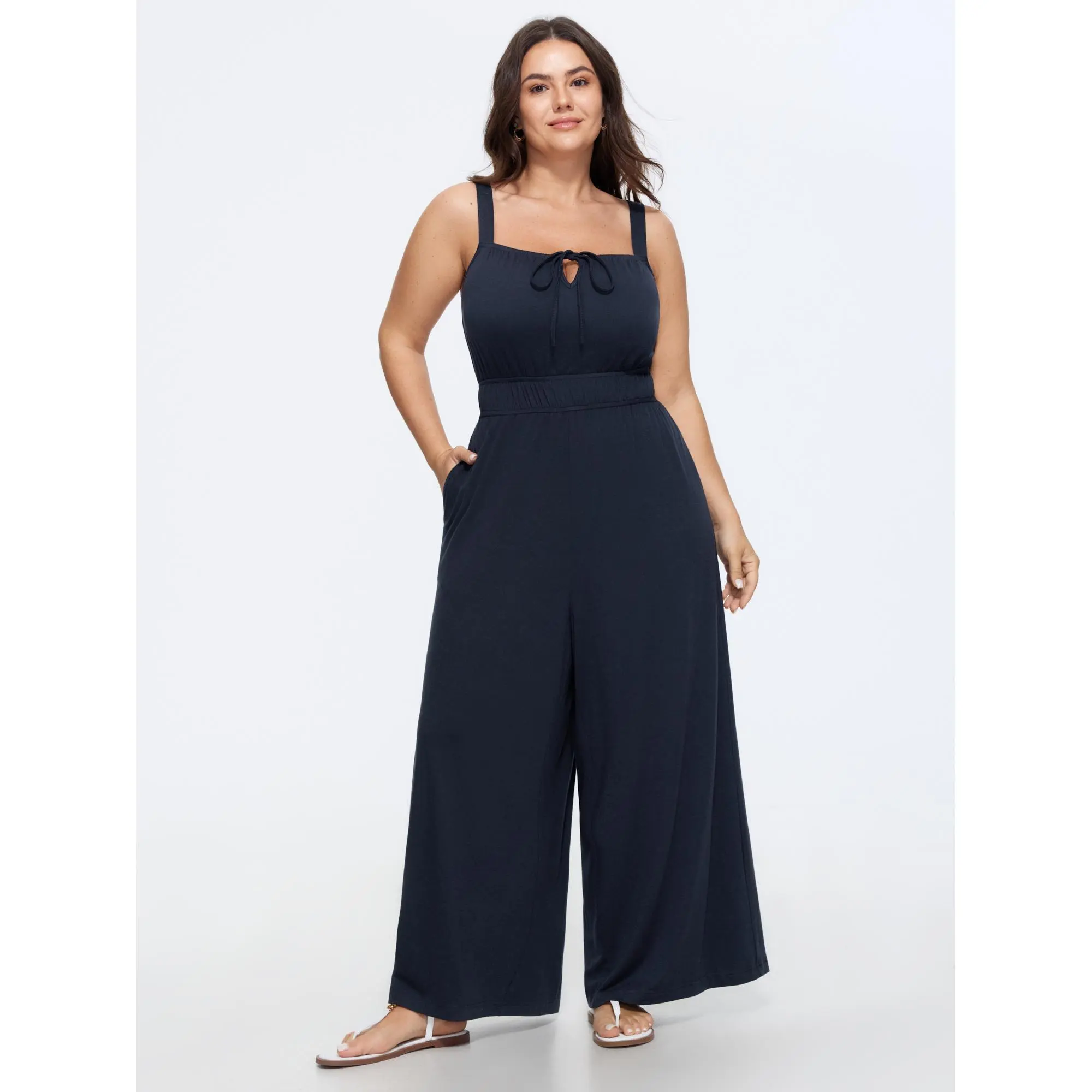 BLOOMCHIC Women's Plus Size Supersoft Spandex Overalls - Drawstring Neckline, Plain Design, Functional Pocket, Flattering Fit, Size M-6X, 2026 Summer Garment, Basic, Lady, Fabric, Cold Machine Wash, Flattering Cut, Regular Length
