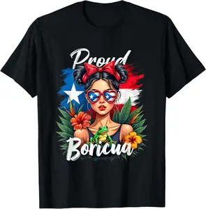 100% Cotton Puerto Rican Girls Boricua Puerto Rico Heritage Messy Bun T-Shirt