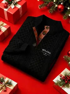 Christmas Edition: Men's Knit Crew Neck Sweatshirt with Letter Print Christmas Gift, Quarter Button, Suitable for Christmas Party, New Year' Outfit, Christmas Family Gathering, Daily Commute, Light Business and Other Occasions, Christmas Gift for Men.