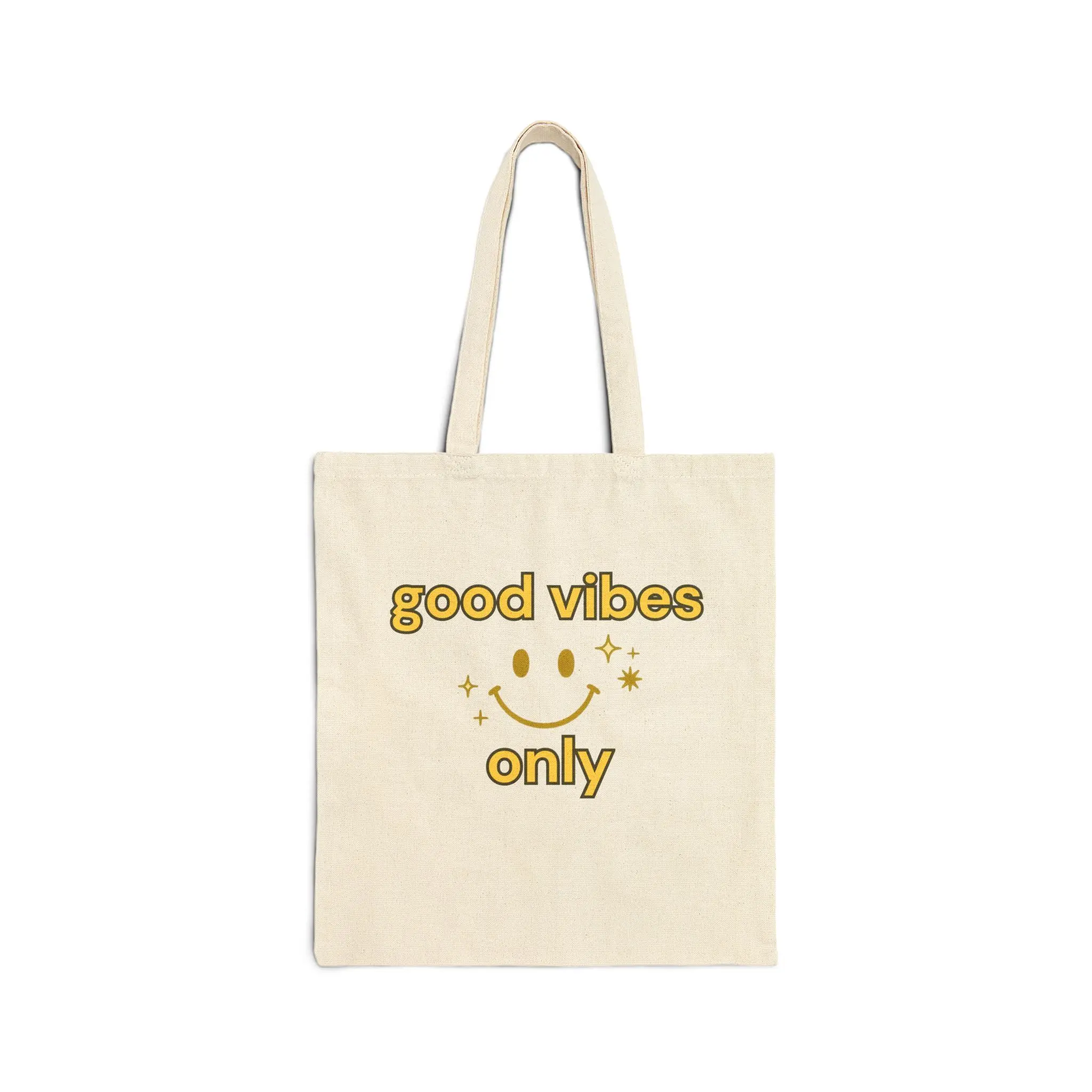 Good Vibes Only tote bag | smiley face, positive quote, yellow retro design