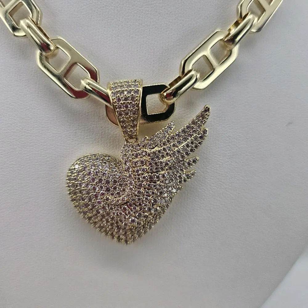 (C45, 46, 47  14K Gold Plated  beautifull chunky chains 3 styles  Heart Dangle Pendant for Women with 18 in Chain,  big heart full rhinestones  18' chain and heart wing 20" chain