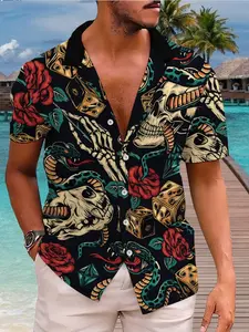 Men's Summer Cuban Collar Short Sleeve Shirt, Trendy Skull Snake Print, Tropical, Casual Loose Fit Vacation Top, Micro Stretch Fabric, Limited-time holiday discounts, fast shipping