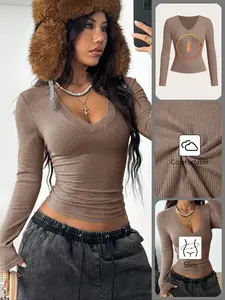 Women's Casual Fall Minimalist Streetwear, Everyday Daily Wear Basic Ribbed Knit Fit V-Neck Long Sleeve T-Shirt, Comfortable Fashion Top