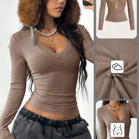 Women's Casual Fall Minimalist Streetwear, Daily Wear Ribbed Knit V-Neck Long Sleeve T-Shirt, Comfortable Fashion Top