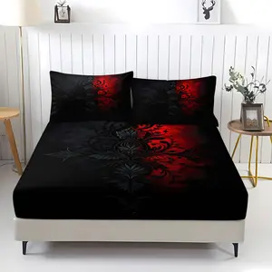 3-Piece Set Of Black And Red Patterned, Rose, Gothic Patterned Bed Sheets, Including 1 Bed Sheet And 2 Pillowcases (Excluding Pillow Core), Comfortable Bedding, Non Slip Suitable For Bedrooms, Suitable For Children And Teenagers As Gifts And Decorations