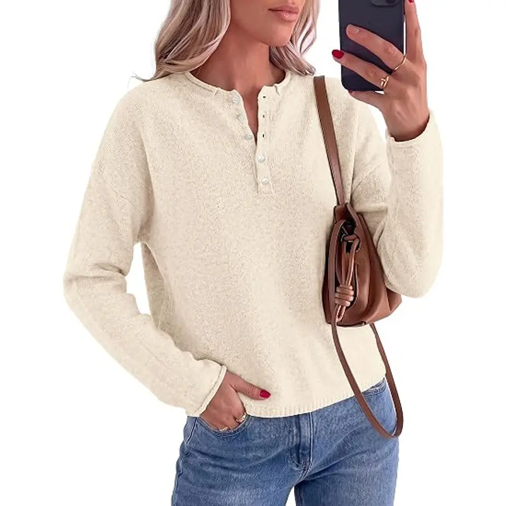 PRETTYGARDEN Women's Fall Button Up Cozy Pullover Sweaters | Stretchy Soft Knit, Drop Shoulder Long Sleeve Tops, Henley Crewneck Rolled Edge, Dressy Casual Blouses, Trendy Winter Clothes#SohoChic