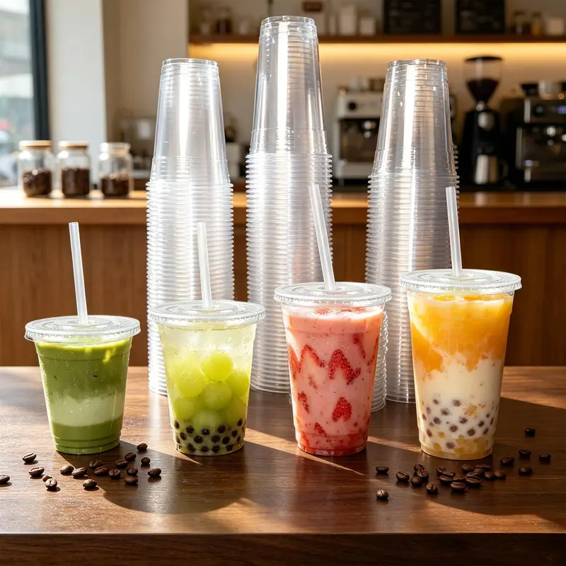 Disposable Plastic Drink Cup Sets Pack, 100 Set(Cup+Lid+Straw)-12 oz, Multi-Size 16oz/20oz/24oz, Leak-Proof Lids, 98mm Extra-Wide Mouth, Easy Filling, Effortless Sipping for Outdoor Parties/Business, Lightweight Home & Festive Disposable Tableware